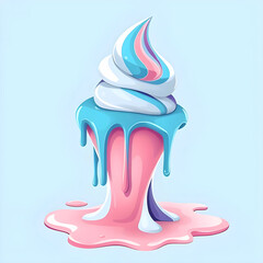 Blue and Pink Ice Cream Swirl with Glossy Melting Drips Digital Illustration