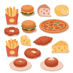 Various unhealthy food items including burgers, pizza, and fries  
