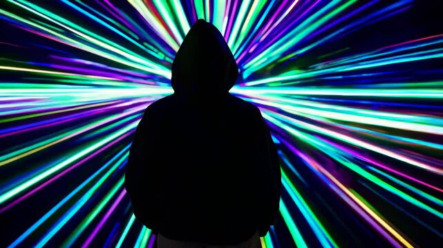 Mysterious hooded hacker standing against a backdrop of colorful neon lights exploding, embodying themes of cybersecurity, hacking, and the intricate digital world