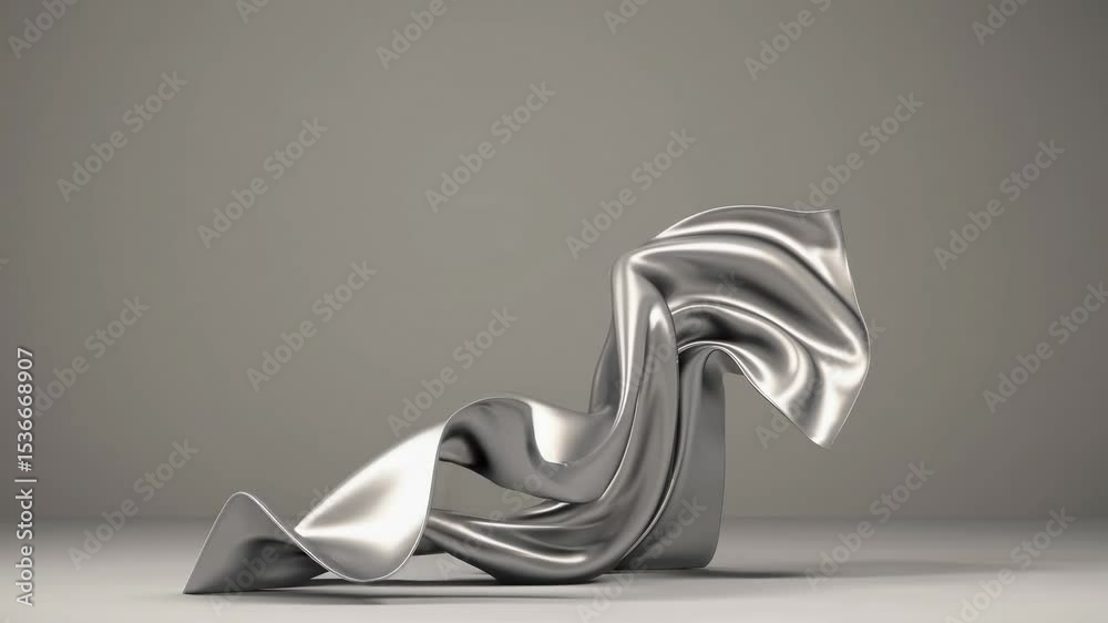 Poster silver metallic fabric flowing and waving in empty space, creating an abstract and elegant compositi