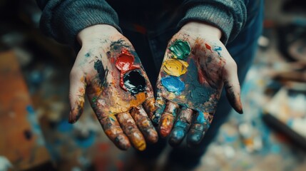 Hands covered in vibrant paint pigments displaying artistic creation