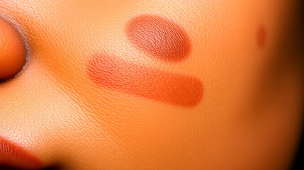 Fototapeta premium Close-up of hyperpigmentation with dark spots and uneven skin tone on cheek. Visible contrast between affected areas and natural skin color. Detailed texture showing melanin clusters