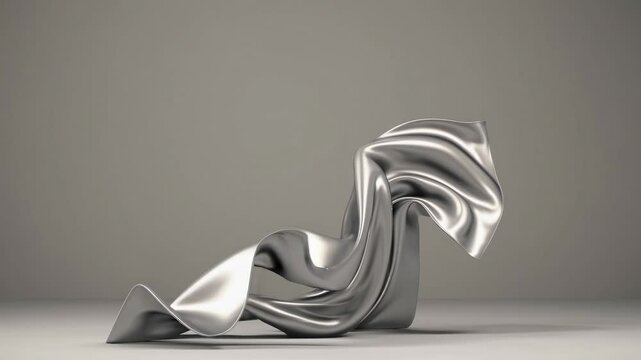 Silver metallic fabric flowing and waving in empty space, creating an abstract and elegant composition with dynamic movement and a sense of lightness