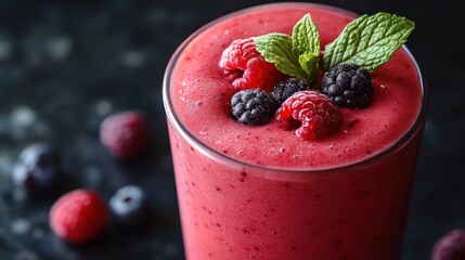 A refreshing berry smoothie garnished with fresh raspberries, blackberries, and mint.