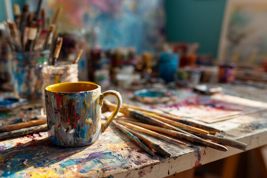 Artist workspace with scattered paintbrushes, ceramic mug and bright morning light - Powered by Adobe