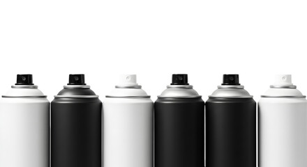 A row of black and white spray paint cans lined up against a clean background, ideal for art and design projects