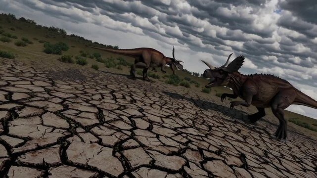 Two ceratopsian dinosaurs, a pentaceratops and an einiosaurus, are confronting each other aggressively in a prehistoric landscape characterized by drought and cloudy sky