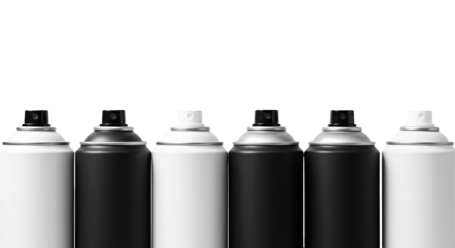A row of black and white spray paint cans lined up against a clean background, ideal for art and design projects