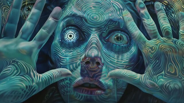 A distorted face with swirling patterns and intense, wide eyes conveys a psychedelic or hallucinatory experience, evoking themes of altered perception or mental illness.