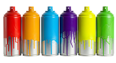 A vibrant arrangement of six spray paint cans in red, orange, yellow, green, blue, and purple, showcasing artistic potential