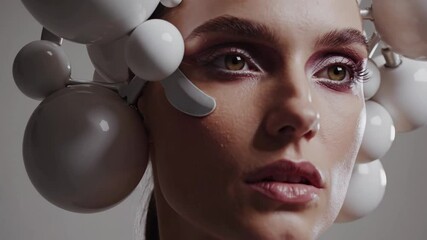 Studio portrait featuring a fashion model adorned with a futuristic headpiece crafted from white spheres, embodying a unique and avant-garde style that merges beauty and innovation