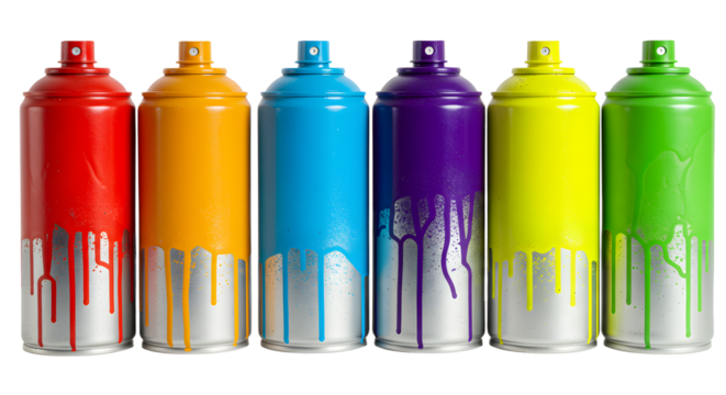 A vibrant arrangement of six spray paint cans in red, orange, yellow, green, blue, and purple, showcasing artistic potential - Powered by Adobe