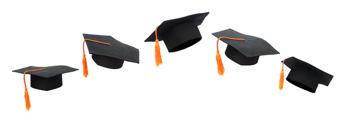 Graduation caps floating in the air on transparent background png