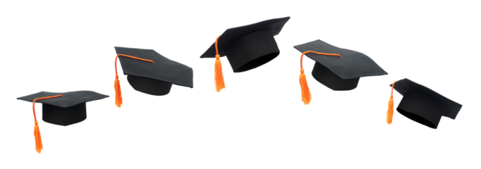 Graduation caps floating in the air on transparent background png