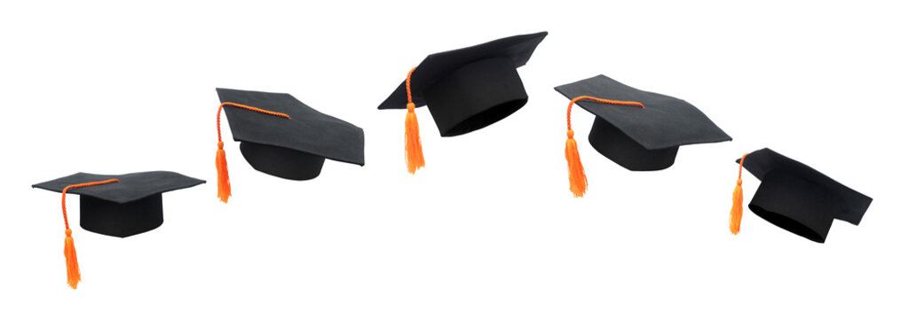 Graduation caps floating in the air on transparent background png