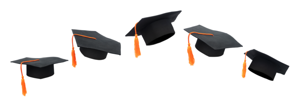 Graduation caps floating in the air on transparent background png