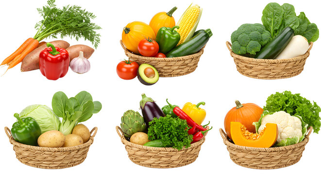 A vibrant assortment of fresh vegetables arranged in woven baskets, showcasing a variety of colors and textures in a bright setting - Powered by Adobe