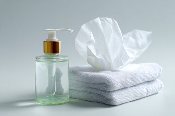Hand sanitizer and tissues as hygiene concept on white