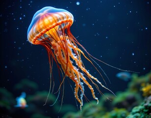 Fototapeta premium create an image of a jellyfish with orange and blue tentacles floating in dark water