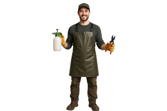 Smiling male gardener holding spray bottle and pruning shears, isolated on transparent background