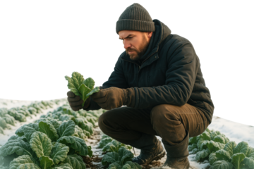 Male farmer inspecting leafy vegetables in snowy field during winter