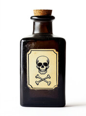 Photo of an apothecary bottle with a skull and crossbones sticker on it, isolated against a white background.