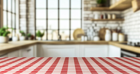 Red and white checkered tablecloth on a wooden kitchen counter, blurred modern interior background, empty space for product display. Natural colors, soft shadows, professional color grading, no harsh 