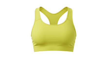 Bright yellow sports bra displayed against a neutral background, showcasing its design and fabric texture for fitness apparel