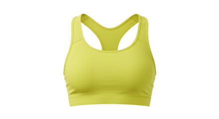 Bright yellow sports bra displayed against a neutral background, showcasing its design and fabric texture for fitness apparel