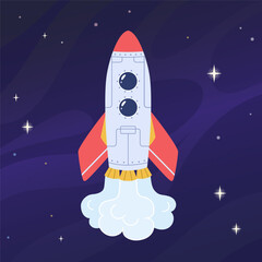Cartoon spaceship in cosmos. Space travel by rocket. Innovative vehicle for interstellar travel