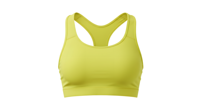 Bright yellow sports bra displayed against a neutral background, showcasing its design and fabric texture for fitness apparel