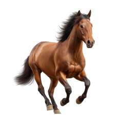 Obraz premium Majestic Brown Horse Galloping in a Lush Green Field Under Clear Blue Sky in a Vibrant Natural Landscape Transparent background or png