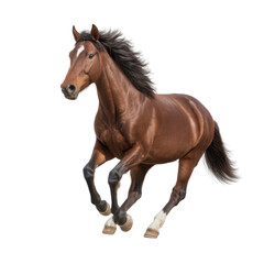 Fototapeta premium Majestic brown horse galloping powerfully through the lush green meadow under a clear blue sky in sunny daylight Transparent background or png