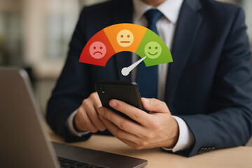 Businessman Submitting Customer Satisfaction Feedback on Smartphone, Service Review, User Experience & Quality Rating