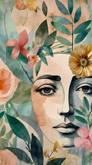 Modern Botanical Woman Portrait &ndash; Watercolor Floral Art Collage for Wall Decor or Digital Design