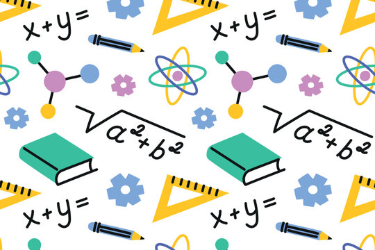 Seamless pattern with flat cartoon elements on education, science. Vector illustrations with Pythagorean theorem formula, equations, book icon, ruler, atom structure. For school materials, stationery
