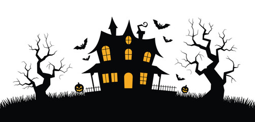 Spooky halloween haunted house silhouette illustration