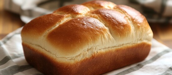 A golden loaf of artisan bread sits on a cloth.