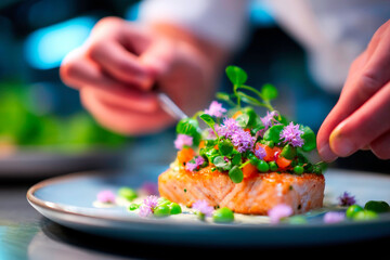 Close-up of chef plating fish dish with garnish in restaurant professional culinary presentation