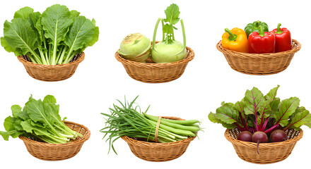 Freshly harvested vegetables in woven baskets, showcasing vibrant colors and variety, set against a neutral background