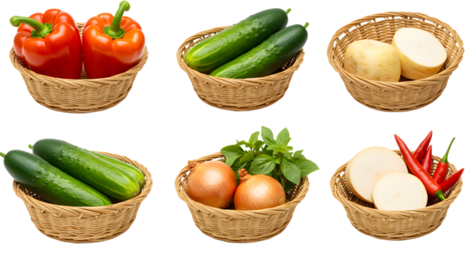Freshly harvested vegetables including bell peppers, cucumbers, potatoes, and herbs arranged in woven baskets on a white background