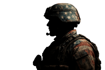 Silhouette of american soldier with usa flag helmet isolated on white background