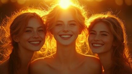 Fototapeta premium Three happy women outdoors, golden light