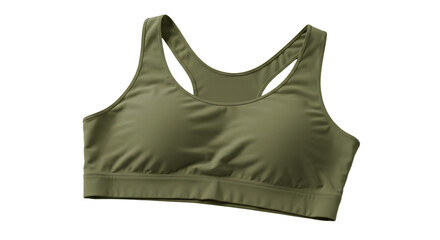Olive green sports bra on a transparent background, ideal for fitness apparel advertising with a focus on active lifestyles
