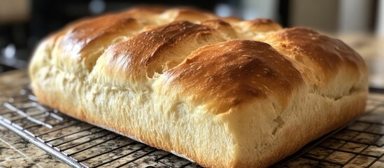 A golden-brown loaf of homemade bread cooling on a wire rack.