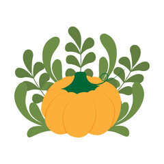 Hand Drawn Orange Pumpkin against abstract leaves Thanksgiving or Autumn Holidays Greeting Design
