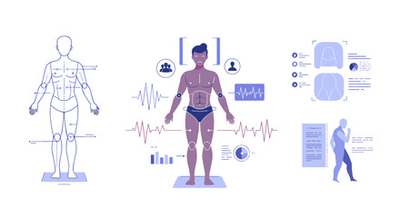 Body analysis infographic with male figure and health metrics