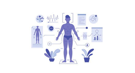 Body analysis visual with human figure and health metrics background  
