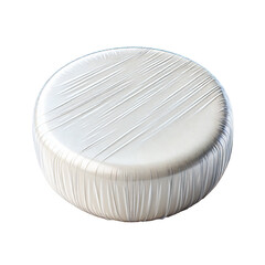 A wheel of Brie cheese, wrapped in clear plastic, isolated on white.