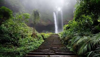 stone steps leading through misty waterfall and lush greenery